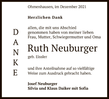 Anzeige von Ruth Neuburger von Reutlinger General-Anzeiger