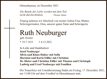 Anzeige von Ruth Neuburger von Reutlinger General-Anzeiger