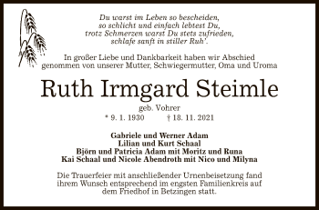 Anzeige von Ruth Irmgard Steimle von Reutlinger General-Anzeiger
