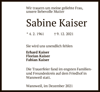 Anzeige von Sabine Kaiser von Reutlinger General-Anzeiger