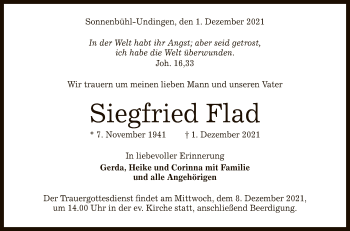 Anzeige von Siegfried Flad von Reutlinger General-Anzeiger