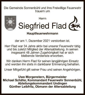 Anzeige von Siegfried Flad von Reutlinger General-Anzeiger