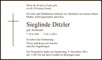 Anzeige von Sieglinde Ditzler von Reutlinger General-Anzeiger