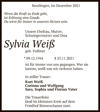 Anzeige von Sylvia Weiß von Reutlinger General-Anzeiger