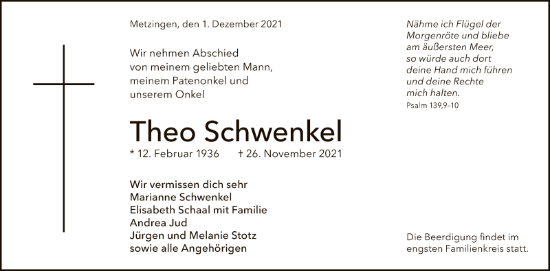  Traueranzeige für Theo Schwenkel vom 01.12.2021 aus Reutlinger General-Anzeiger