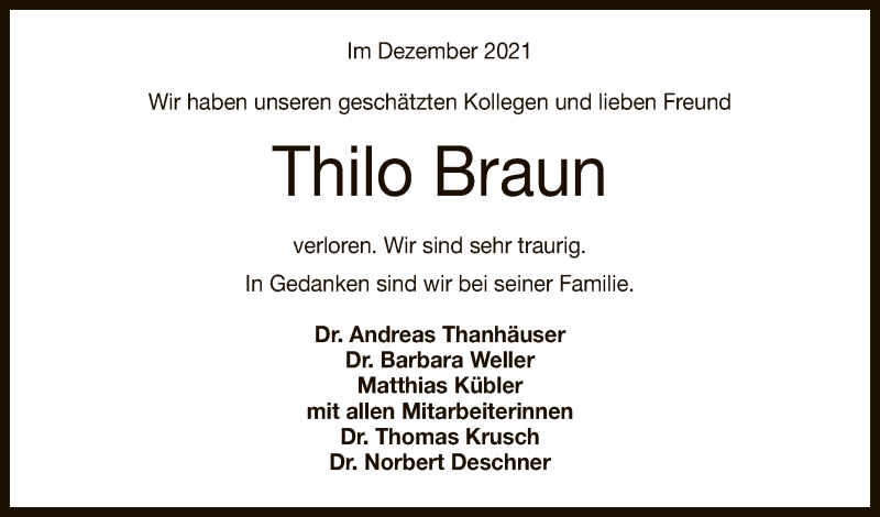  Traueranzeige für Thilo Braun vom 30.12.2021 aus Reutlinger General-Anzeiger