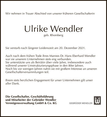 Anzeige von Ulrike Wendler von Reutlinger General-Anzeiger