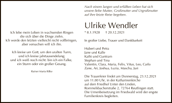 Anzeige von Ulrike Wendler von Reutlinger General-Anzeiger