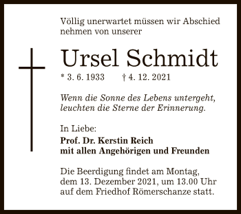 Anzeige von Ursel Schmidt von Reutlinger General-Anzeiger