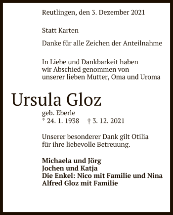 Anzeige von Ursula Gloz von Reutlinger General-Anzeiger