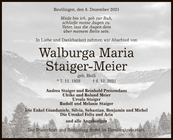 Anzeige von Walburga Maria Staiger-Meier von Reutlinger General-Anzeiger
