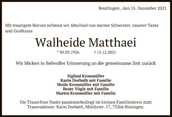 Anzeige von Walheide Matthaei von Reutlinger General-Anzeiger