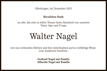 Anzeige von Walter Nagel von Reutlinger General-Anzeiger