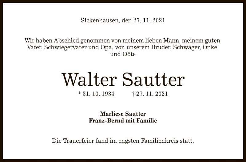  Traueranzeige für Walter Sautter vom 10.12.2021 aus Reutlinger General-Anzeiger