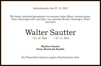 Anzeige von Walter Sautter von Reutlinger General-Anzeiger