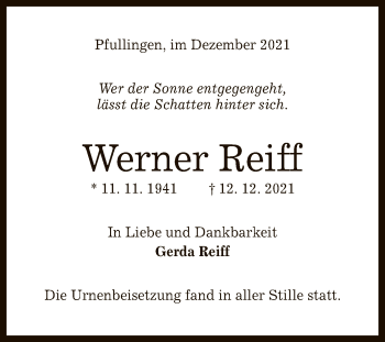 Anzeige von Werner Reiff von Reutlinger General-Anzeiger