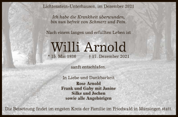 Anzeige von Willi Arnold von Reutlinger General-Anzeiger