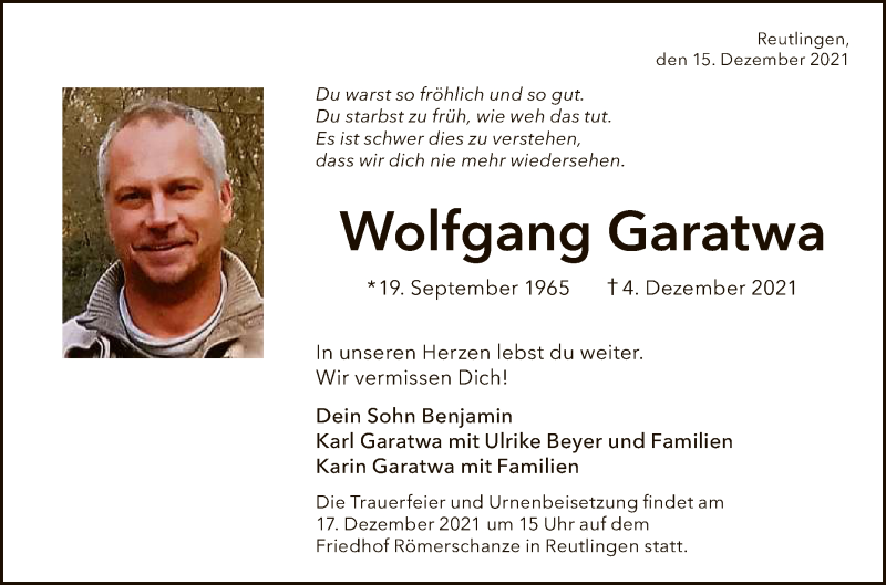  Traueranzeige für Wolfgang Garatwa vom 15.12.2021 aus Reutlinger General-Anzeiger