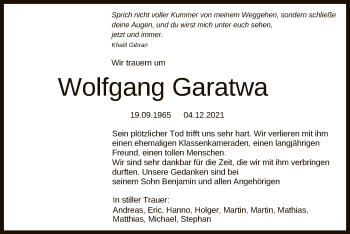 Anzeige von Wolfgang Garatwa von Reutlinger General-Anzeiger