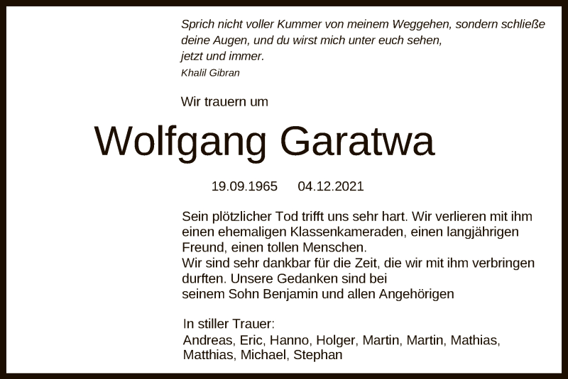  Traueranzeige für Wolfgang Garatwa vom 16.12.2021 aus Reutlinger General-Anzeiger