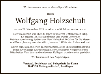 Anzeige von Wolfgang Holzschuh von Reutlinger General-Anzeiger