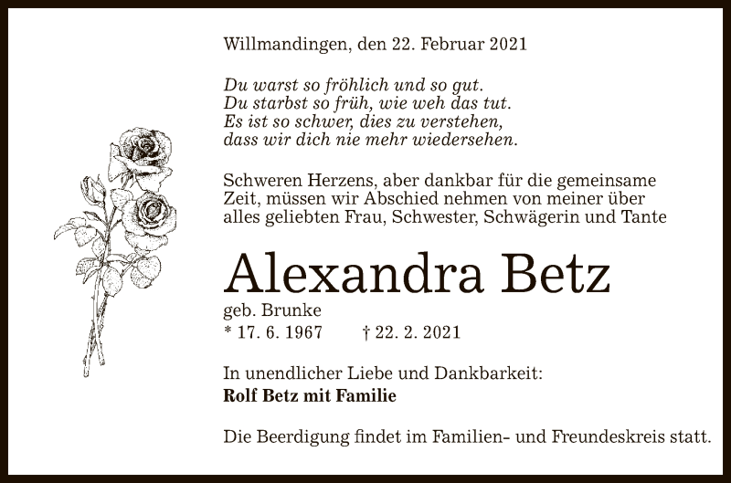 Traueranzeige für Alexandra Betz vom 25.02.2021 aus Reutlinger General-Anzeiger