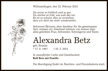 Anzeige von Alexandra Betz von Reutlinger General-Anzeiger