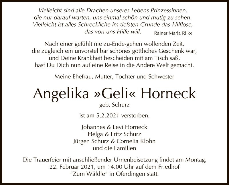 Traueranzeige für Angelika  Horneck vom 13.02.2021 aus Reutlinger General-Anzeiger