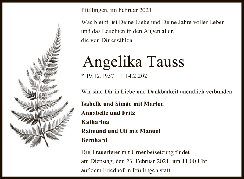  Traueranzeige für Angelika Tauss vom 20.02.2021 aus Reutlinger General-Anzeiger