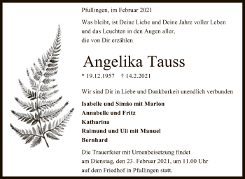 Anzeige von Angelika Tauss von Reutlinger General-Anzeiger