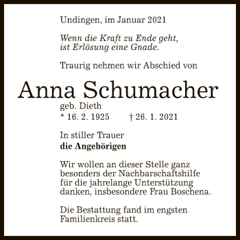 Anzeige von Anna Schumacher von Reutlinger General-Anzeiger