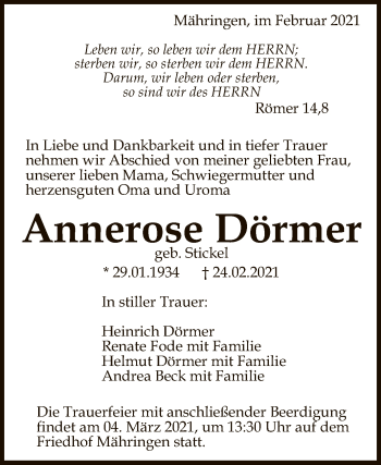 Anzeige von Annerose Dörmer von Reutlinger General-Anzeiger