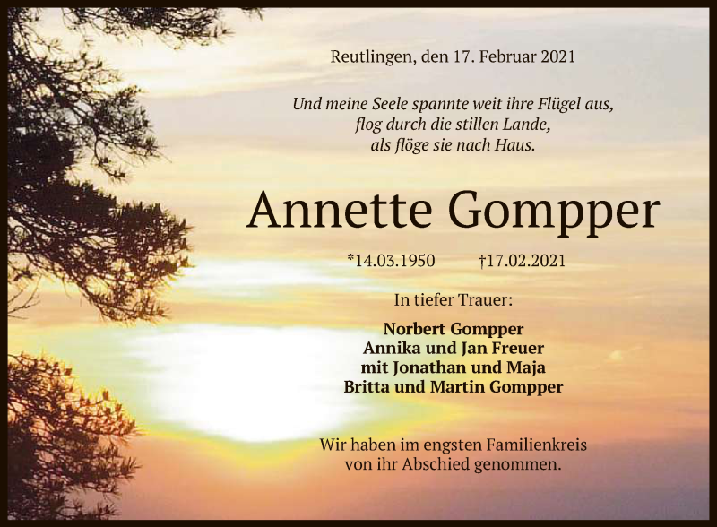  Traueranzeige für Annette Gompper vom 27.02.2021 aus Reutlinger General-Anzeiger