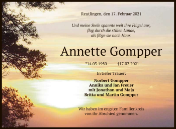 Anzeige von Annette Gompper von Reutlinger General-Anzeiger