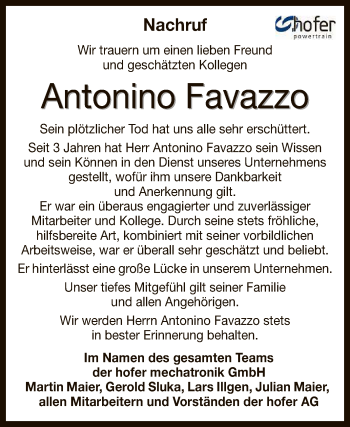 Anzeige von Antonino Favazzo von Reutlinger General-Anzeiger