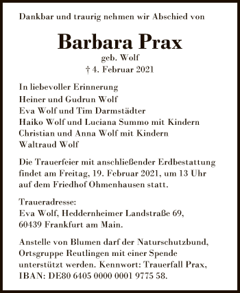 Anzeige von Barbara Prax von Reutlinger General-Anzeiger