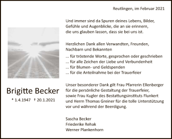 Anzeige von Brigitte Becker von Reutlinger General-Anzeiger
