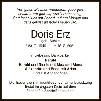 Anzeige von Doris Erz von Reutlinger General-Anzeiger
