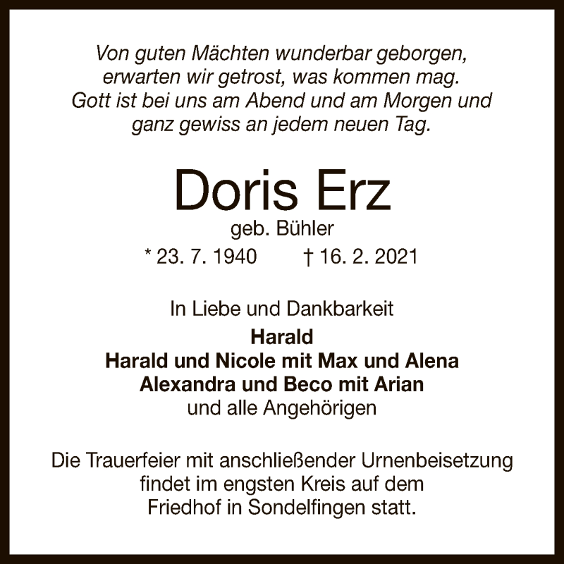  Traueranzeige für Doris Erz vom 20.02.2021 aus Reutlinger General-Anzeiger
