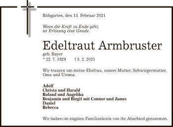 Anzeige von Edeltraut Armbruster von Reutlinger General-Anzeiger