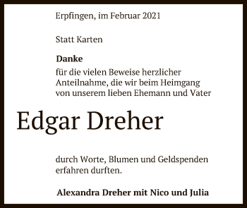 Anzeige von Edgar Dreher von Reutlinger General-Anzeiger