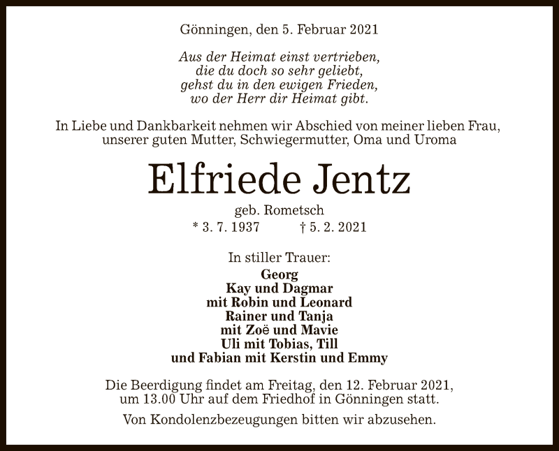  Traueranzeige für Elfriede Jentz vom 09.02.2021 aus Reutlinger General-Anzeiger