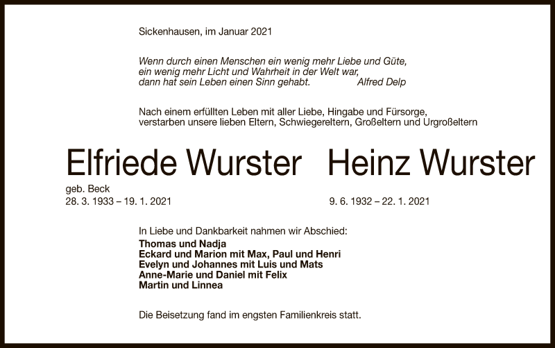  Traueranzeige für Elfriede und Heinz Wurster vom 06.02.2021 aus Reutlinger General-Anzeiger