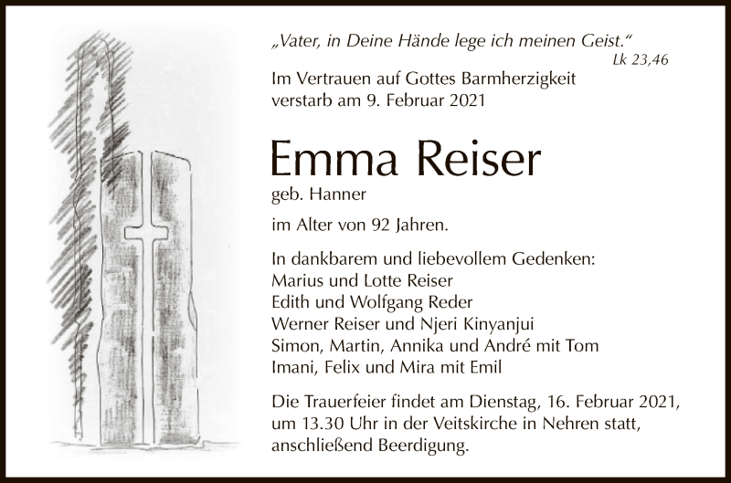  Traueranzeige für Emma Reiser vom 13.02.2021 aus Reutlinger General-Anzeiger