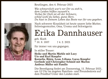 Anzeige von Erika Dannhauser von Reutlinger General-Anzeiger