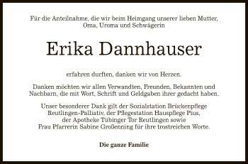 Anzeige von Erika Dannhauser von Reutlinger General-Anzeiger