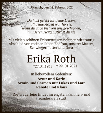 Anzeige von Erika Roth von Reutlinger General-Anzeiger