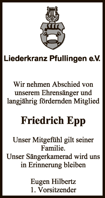 Anzeige von Friedrich Epp von Reutlinger General-Anzeiger