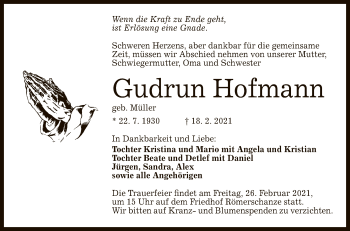 Anzeige von Gudrun Hofmann von Reutlinger General-Anzeiger
