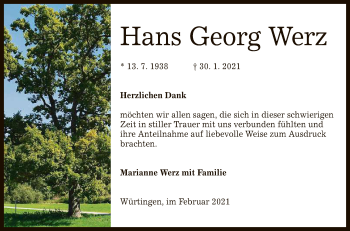 Anzeige von Hans Georg Werz von Reutlinger General-Anzeiger